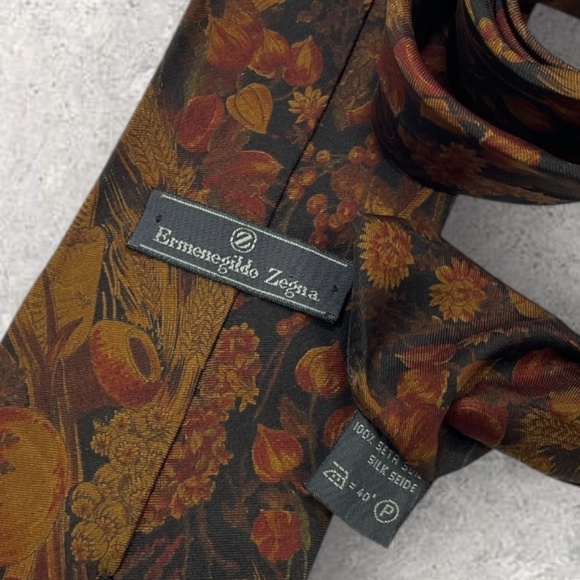 ERMENEGILDO ZEGNA Black/Burgundy/Beige Floral Leaf Silk LUXURY Tie ITALY - Picture 4 of 6